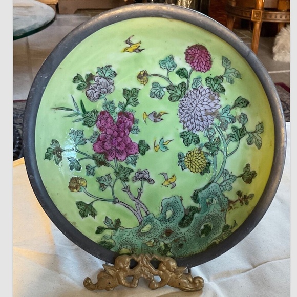 Japan Porcelain Metal Encased Bowl 8” Painted Hong Kong Pink Floral & Green Vtg - Picture 1 of 7